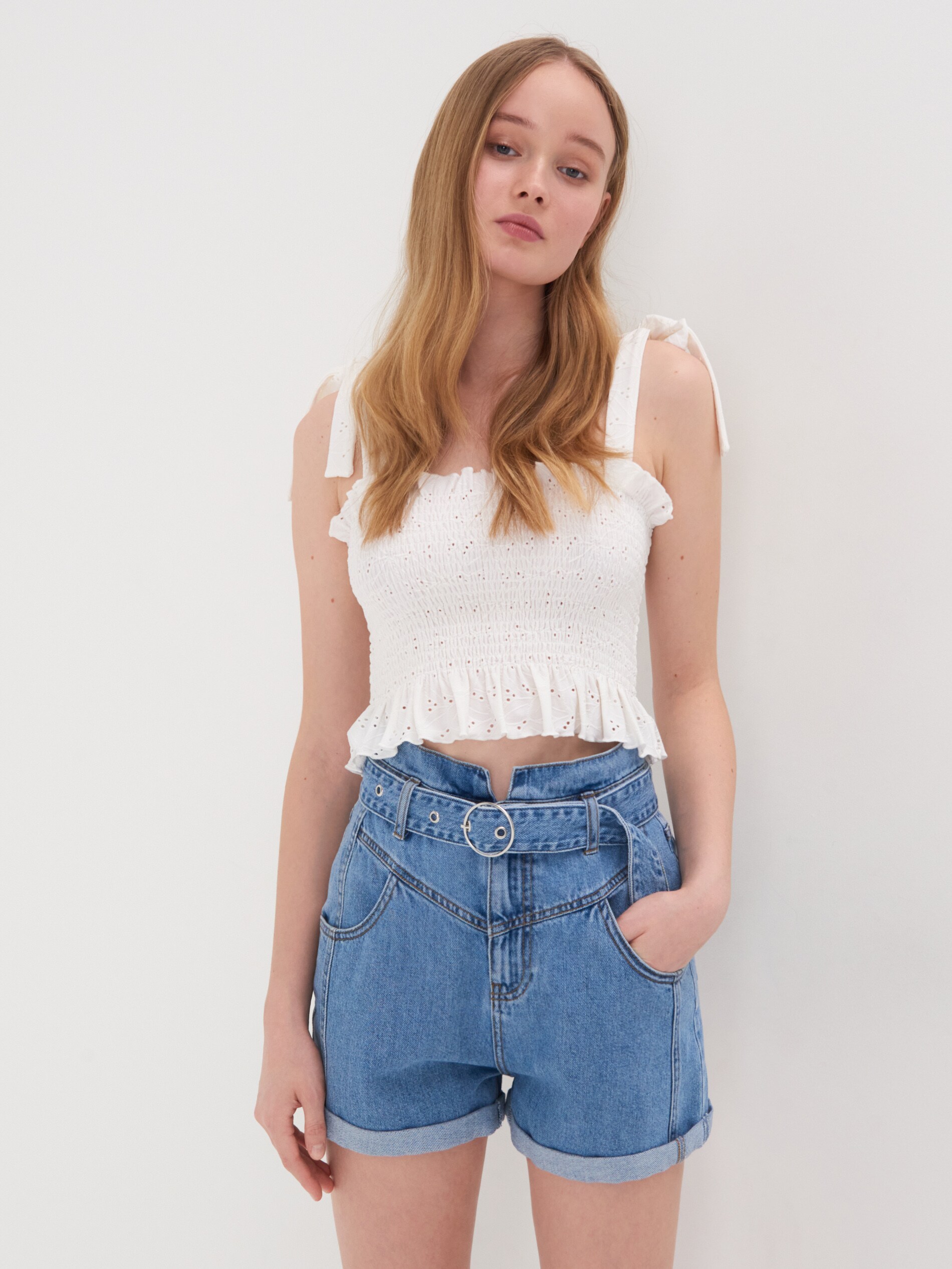 Denimové šortky paperbag s opaskom