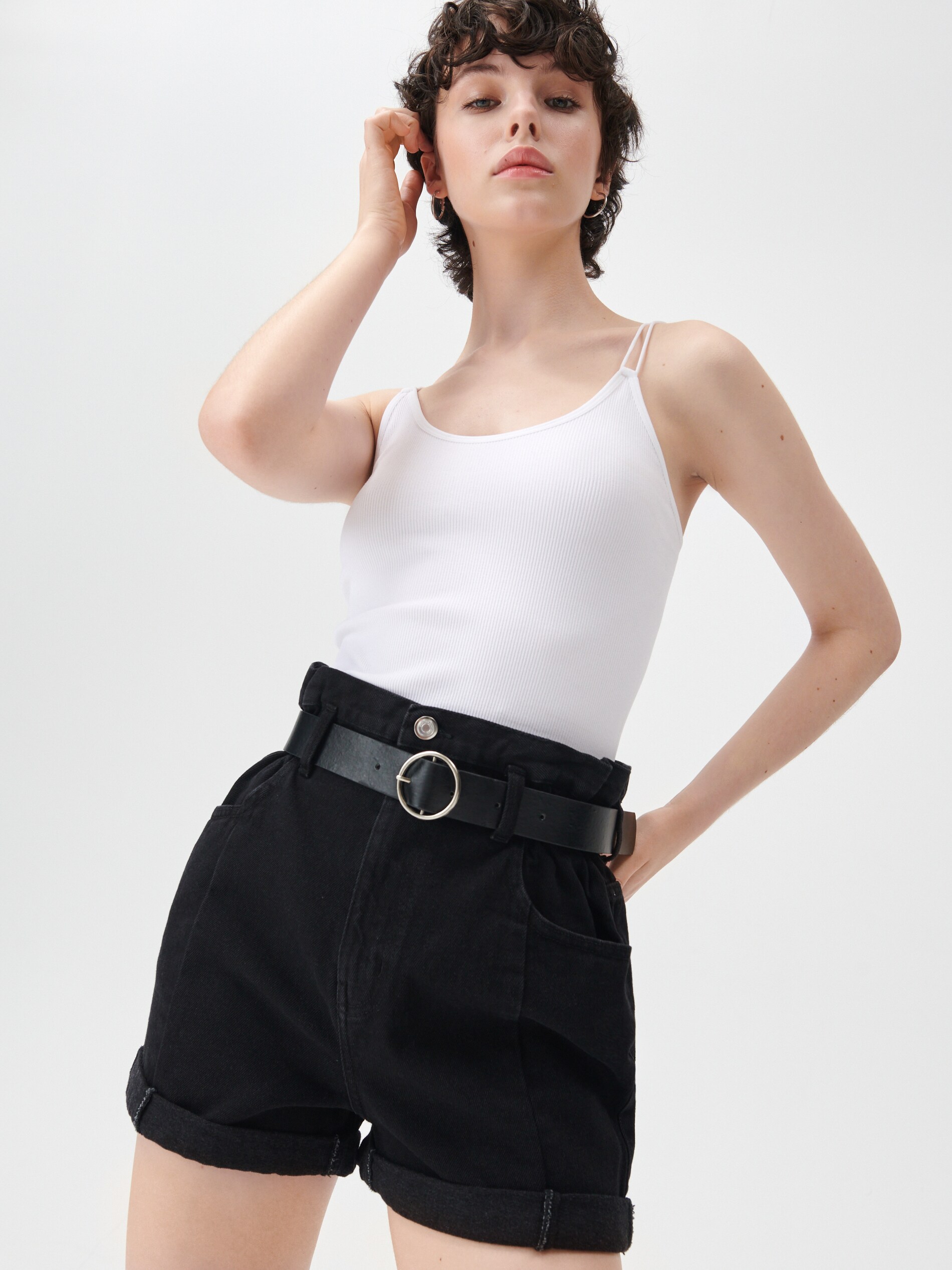 Denimové šortky paperbag s opaskom