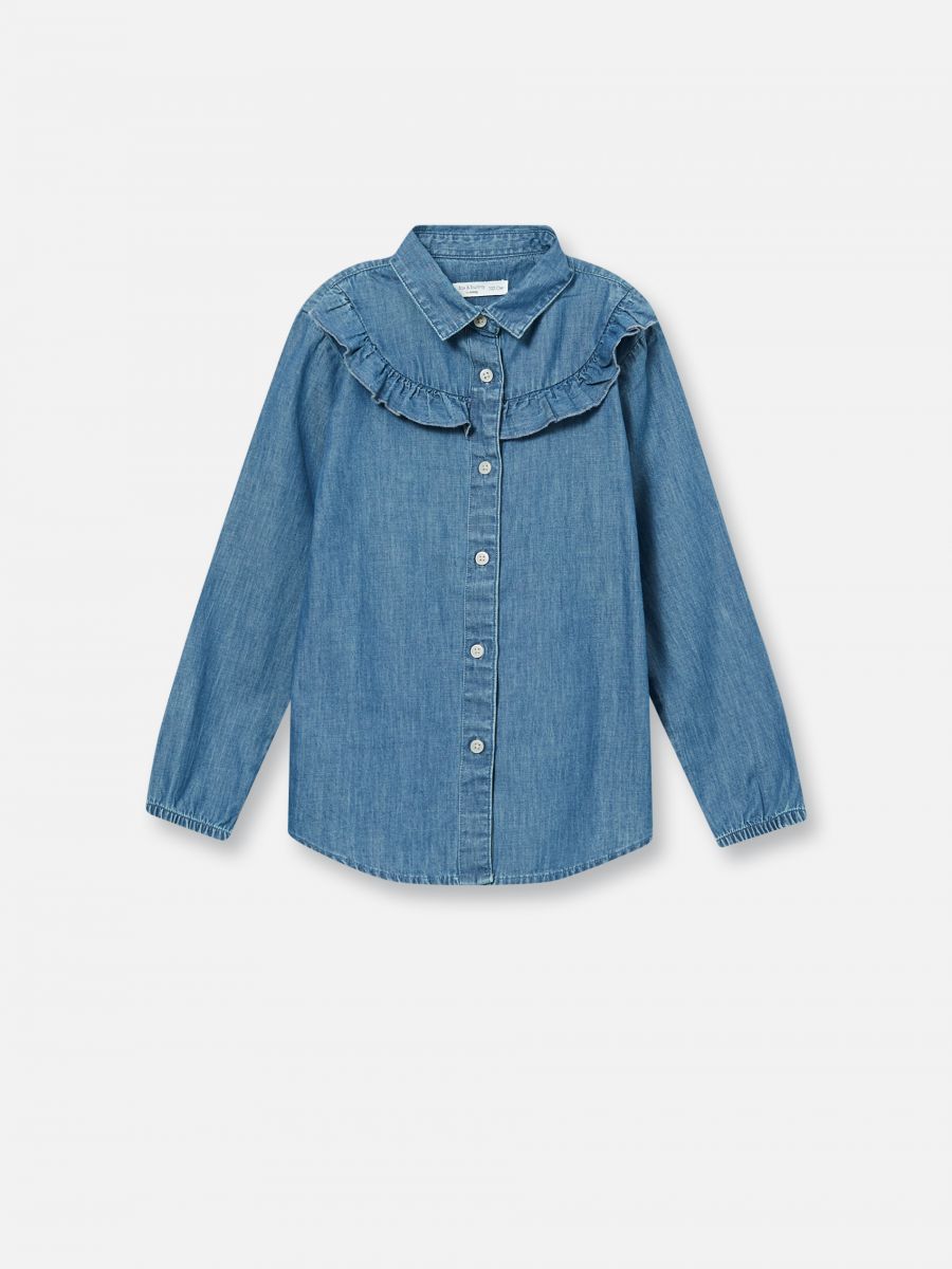 denim shirt with ruffle sleeves